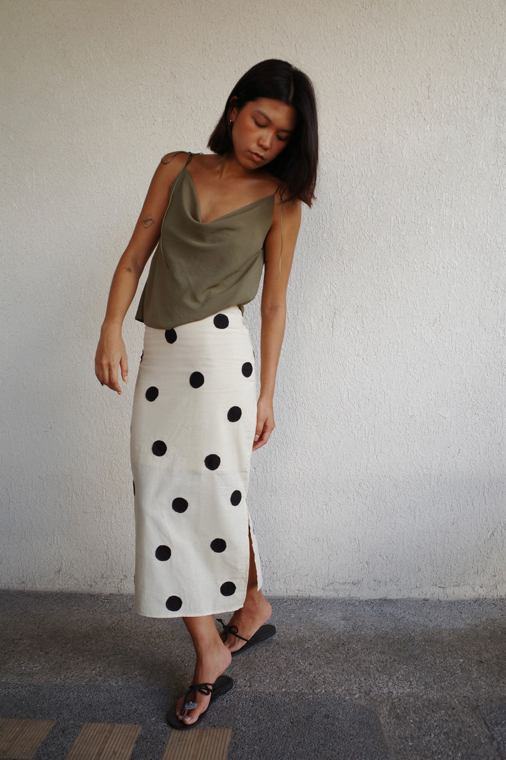 Cleo Maxi Skirt / Crema Base w/ Black Polka